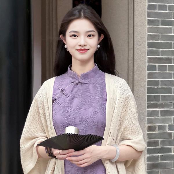 Wen Ci Purple Jacquard Qipao Dress - Women's 2025 Retro Style, Waist-Cinching Long Dress for Spring/Summer.