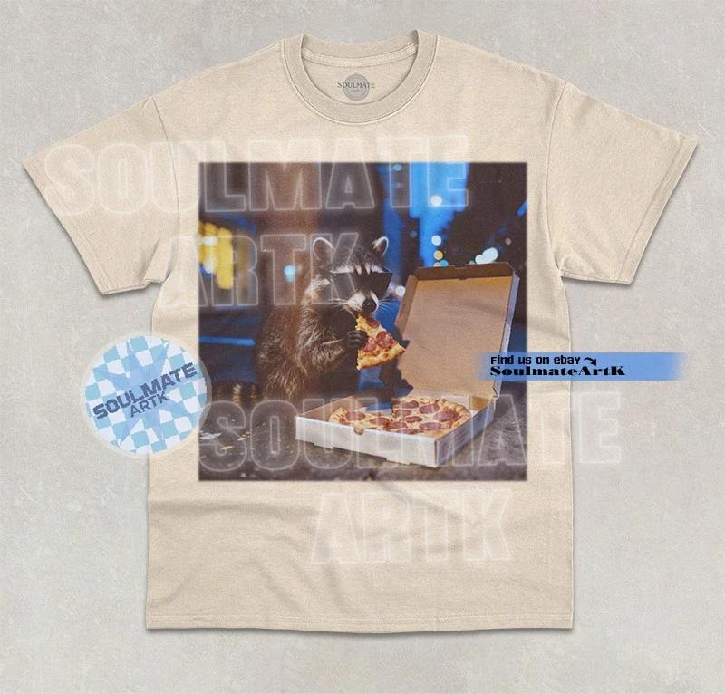 Raccoon Eating Pizza T-Shirt Funny Meme Feral Animal Lover Graphic Unisex Shirt 2XL