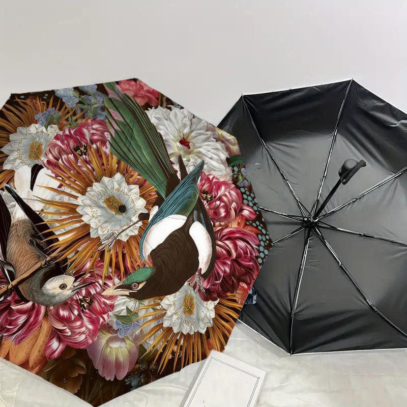 1pc Floral Birds Automatic Folding Umbrella, Heavy Duty 8 Rib Iron Frame,  Suitable for Travel, Daily Use, Birthday, Decor Gift M0104037