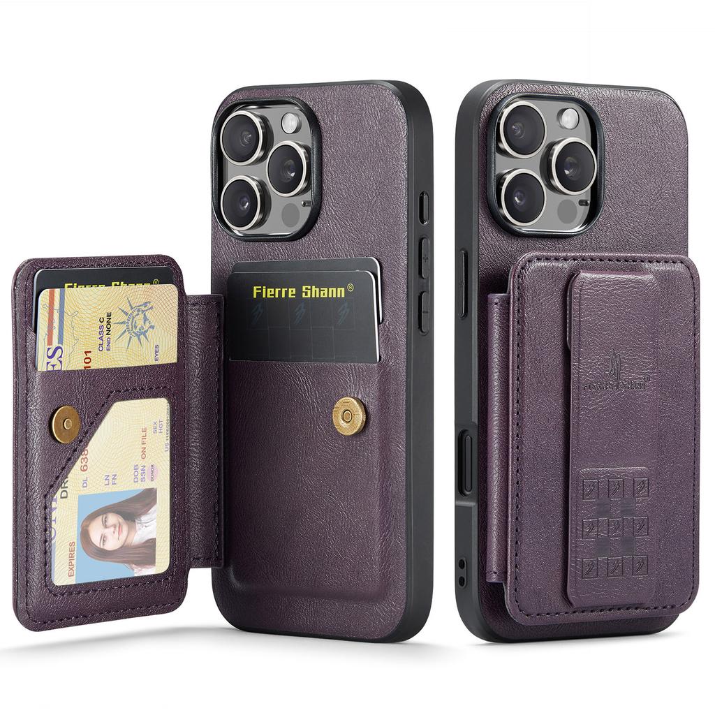 FIERRE SHANN 024 Style For iPhone 16 Pro Case Card Holder Kickstand Waxy Texture Leather+TPU Phone Cover
