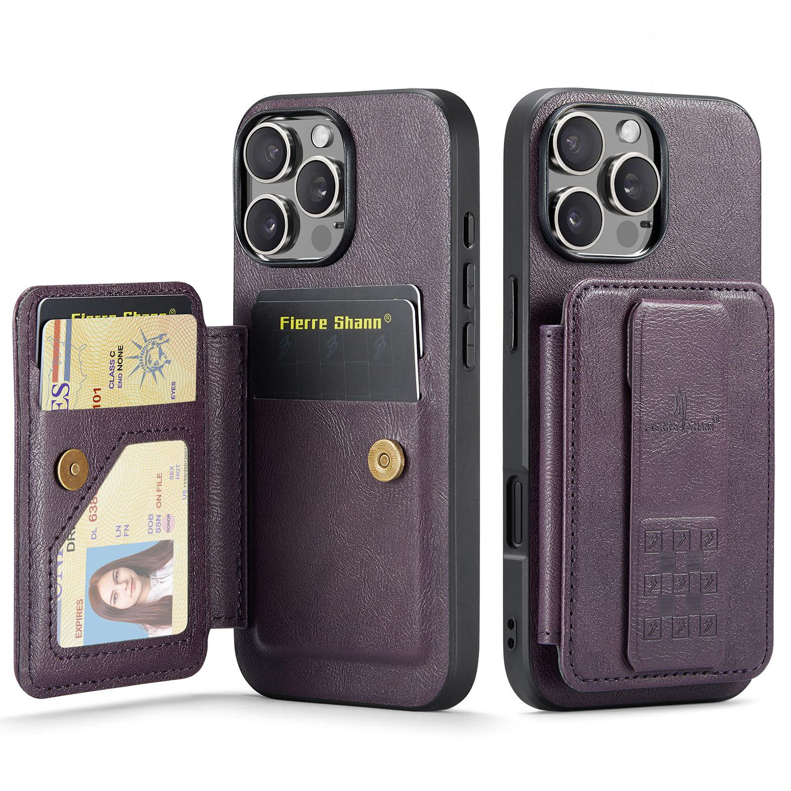 

FIERRE SHANN 024 For iPhone 16 Pro Max Case Card Holder Kickstand Waxy Texture Leather+TPU Phone Cover Purple