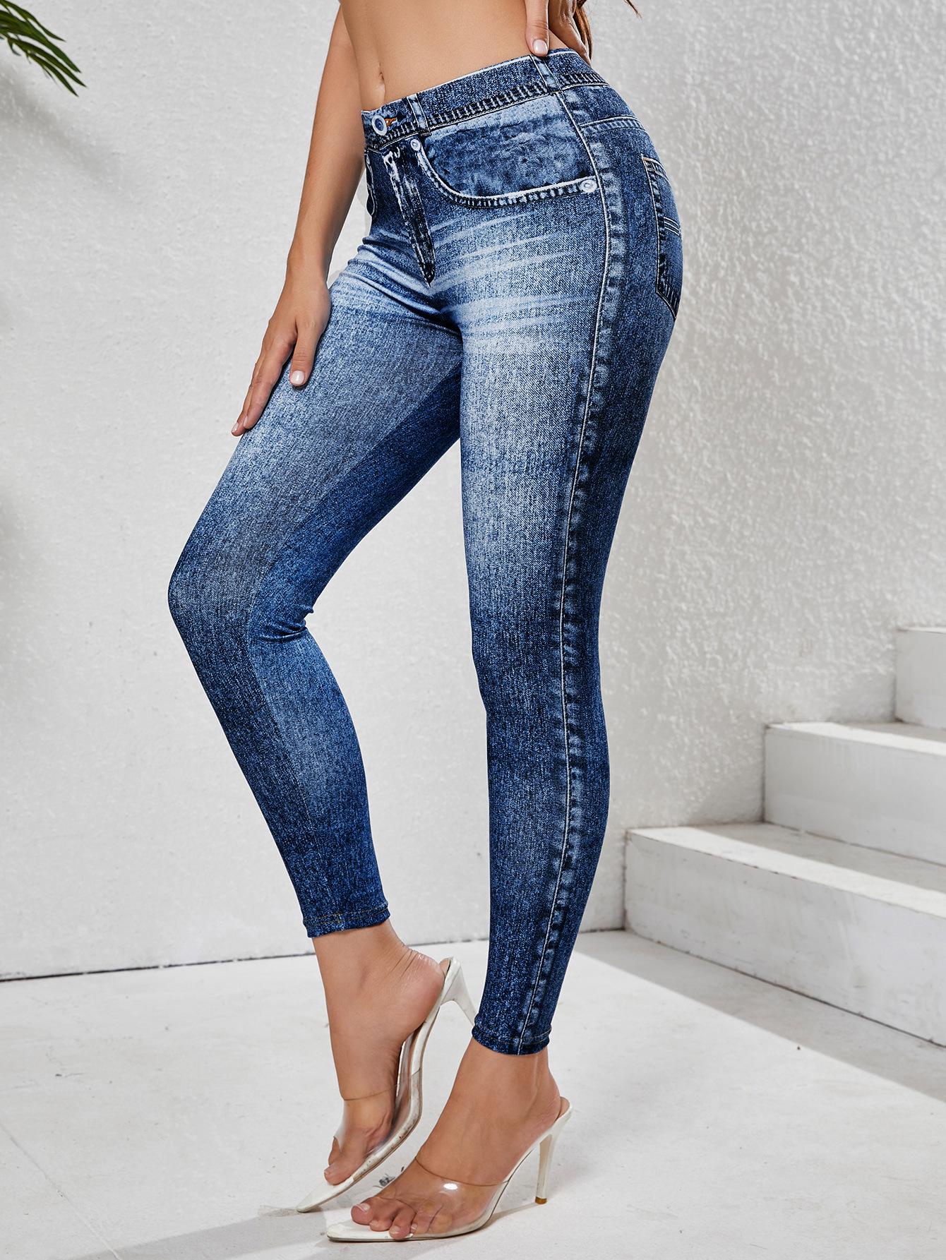 

Women s High Waist Faux Denim Yoga Pants - Slimming, Versatile, Printed Tight Sports Leggings XXL сапфир синий