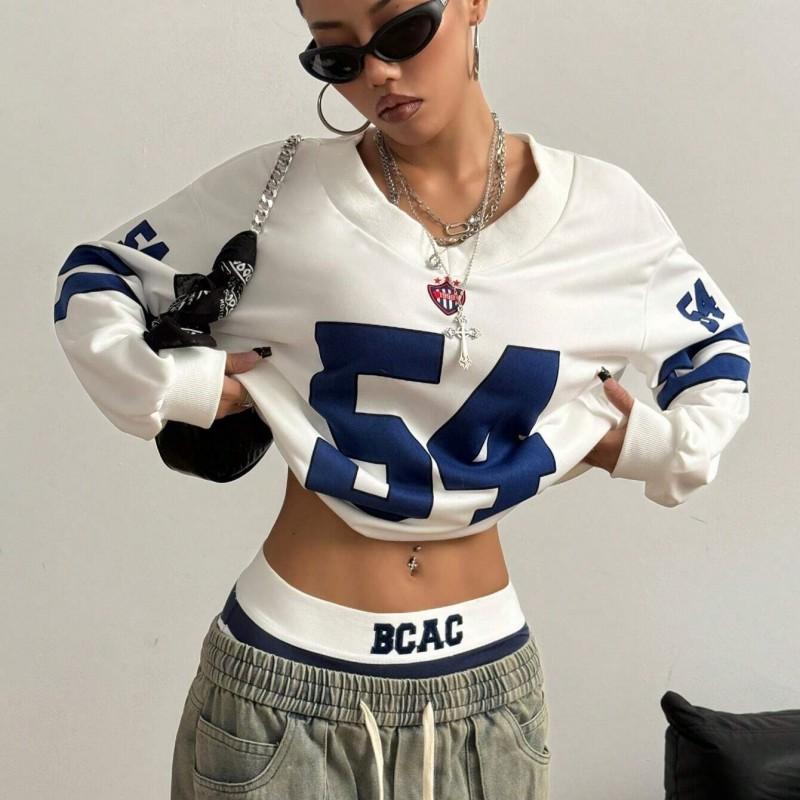 Relaxed Fit V-Neck Graphic Sweatshirt Women - Oversized Streetwear Casual Long Sleeve Top In White