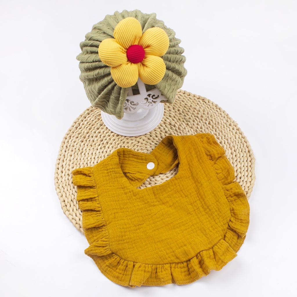 2Pcs Baby Hat Bibs Set Cute Flower Newborn Girl Turban Cap Gauze Ruffle Bib Soft Elastic Infant Toddler Beanie Headwraps
