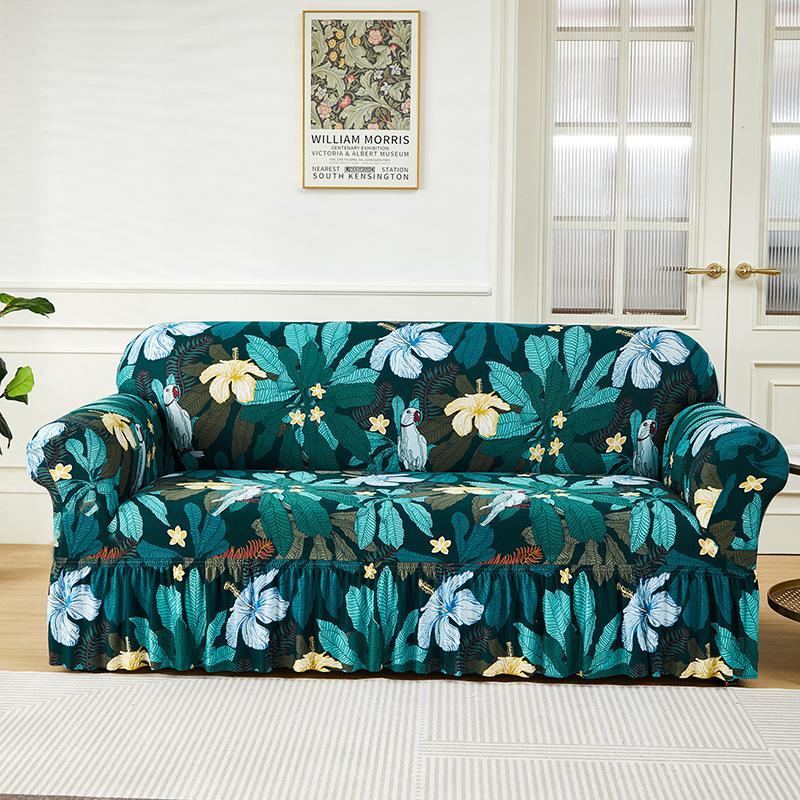 Floral Printed Elastic Sofa Cover With Skirt Hem Non-Slip Seat Cushion With Elastic Band All-Cover Couch Covers For All Seasons