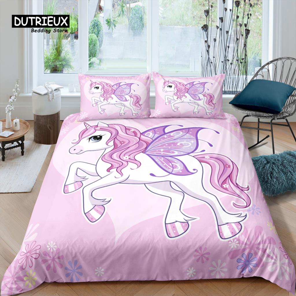 Luxury 3D Pink Unicorn Bedding Set for Kids Queen King Size Duvet Cover Pillowcase Cartoon Home Living EU US AU UK