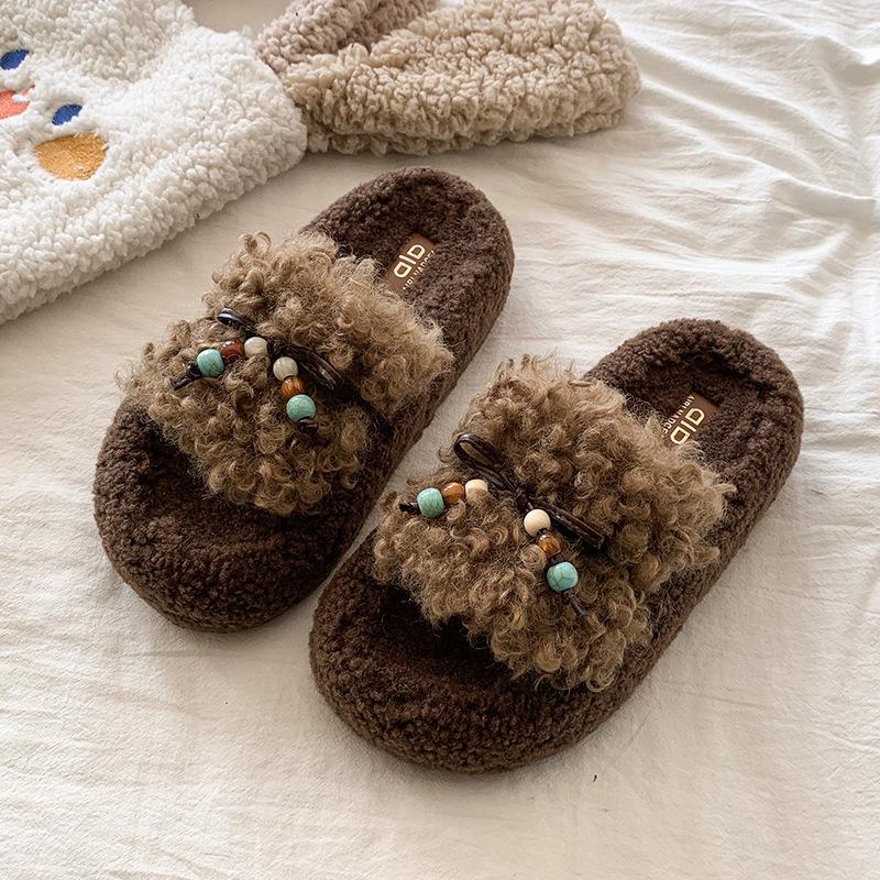 

Retro thick-soled fluffy slippers women s outer wear 2025 autumn and winter new Korean version comfortable one-word bow women s slippers 40 коричневый