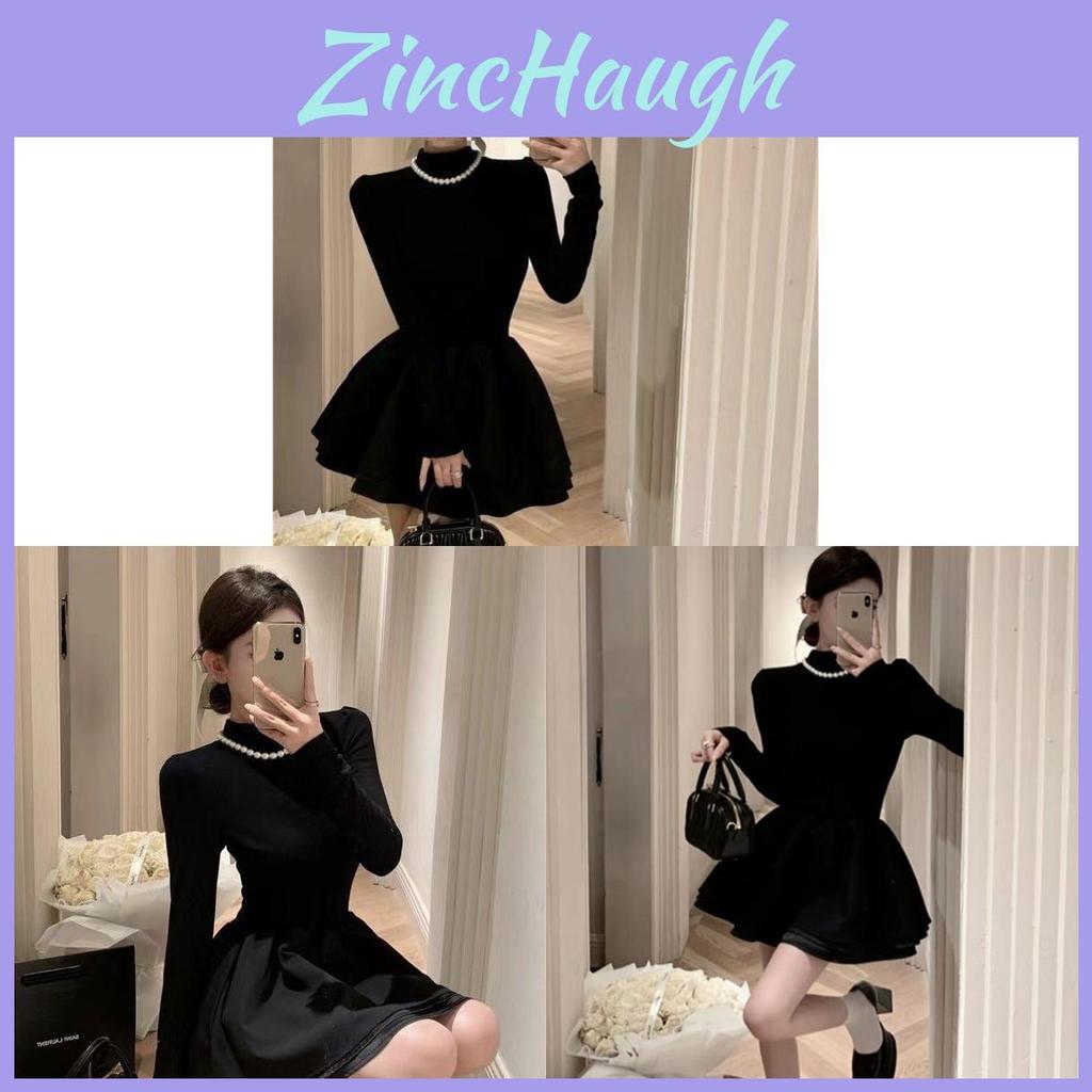 Classic Black Knit Long Sleeve Dress With Flared Skirt For Business And Casual Wear