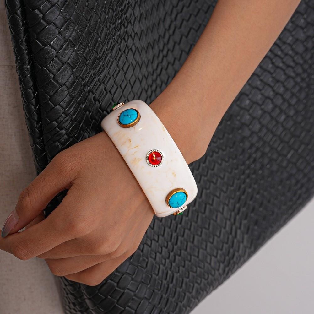 Bohemian Acrylic Rhinestone Bangle Wide Retro Hand Ring Creative Turquoise Acrylic Bracelet  Women