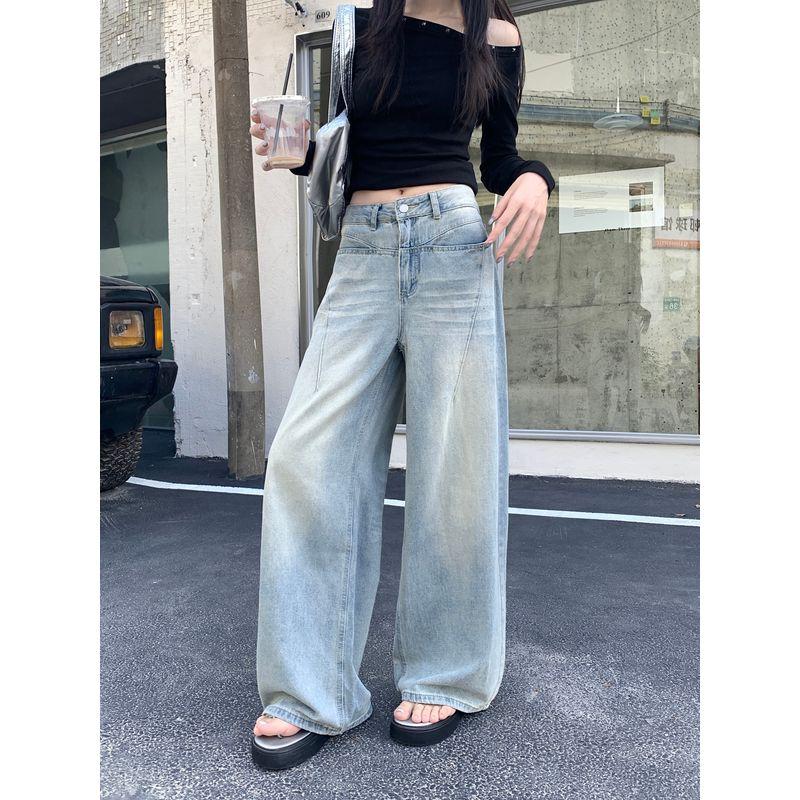 

Kumikumi Idle Style Solid Temperament Baggy jeans Women clothes Autumn Slimming Versatile Wide-Leg Pants Mopping Pants Light Blue S