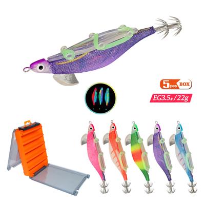 5pcs Fishing Luminous Shrimp Lure Hard Artificial Lure Wood Shrimp Bait with Squid Hooks