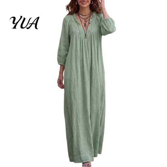Spring Autumn Dresses Bohemian Ruffle V-Neck Long Dress, 3/4 Sleeves Maxi Dress for Comfortable Women Women, Solid Color Casual Loose Fall