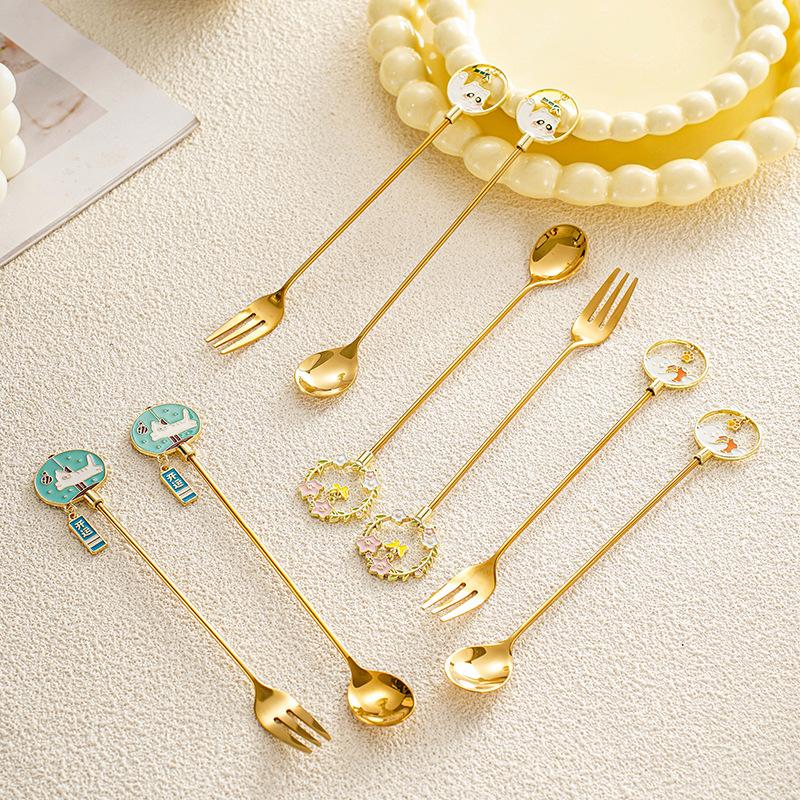 Creative Cartoon Animal Floral Spoon & Fork, Mirror Polished 304 Stainless Steel Dessert Coffee Stirrer