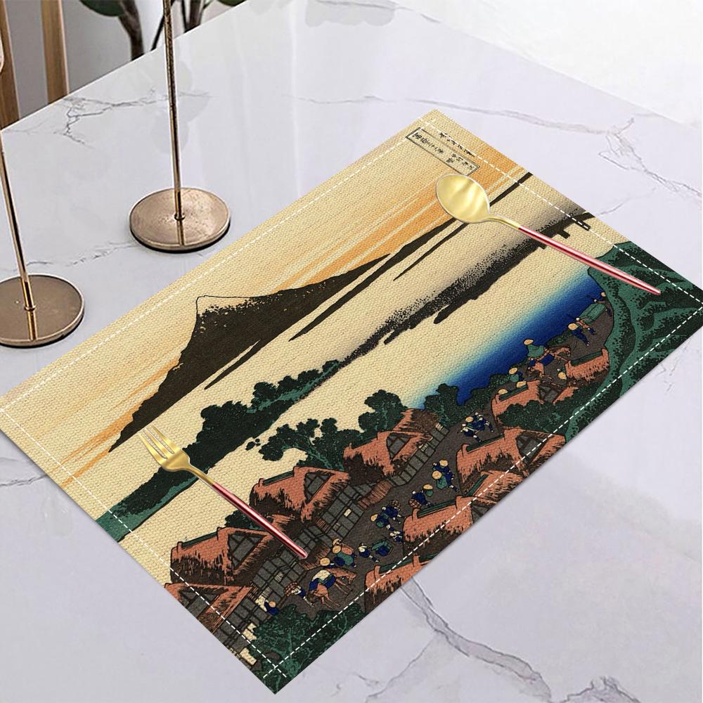 Japansk Ukiyo-e Stil Linne Dukunderlägg Halkfria Bordsunderlägg Rektangulära Halkfria Matsalsbord för Kök Heminredning Viktiga Tillbehör