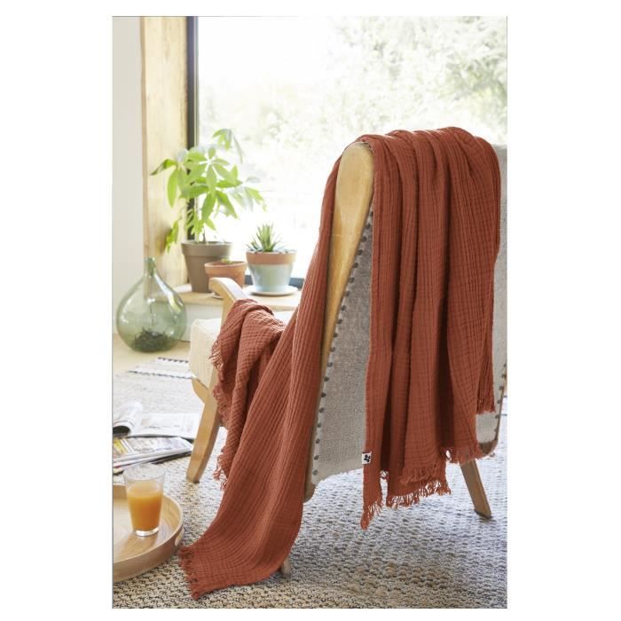 Plaid quadruple gaze de coton 130 x 160 cm Gaia terracotta