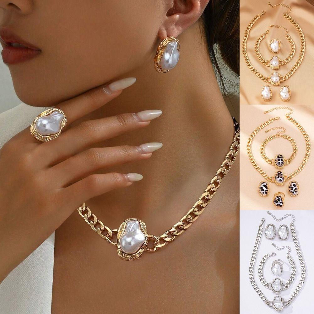 5Pcs Irregular Clavicle Chain Set Exaggerated Necklace Bracelet Ring Suit  Party