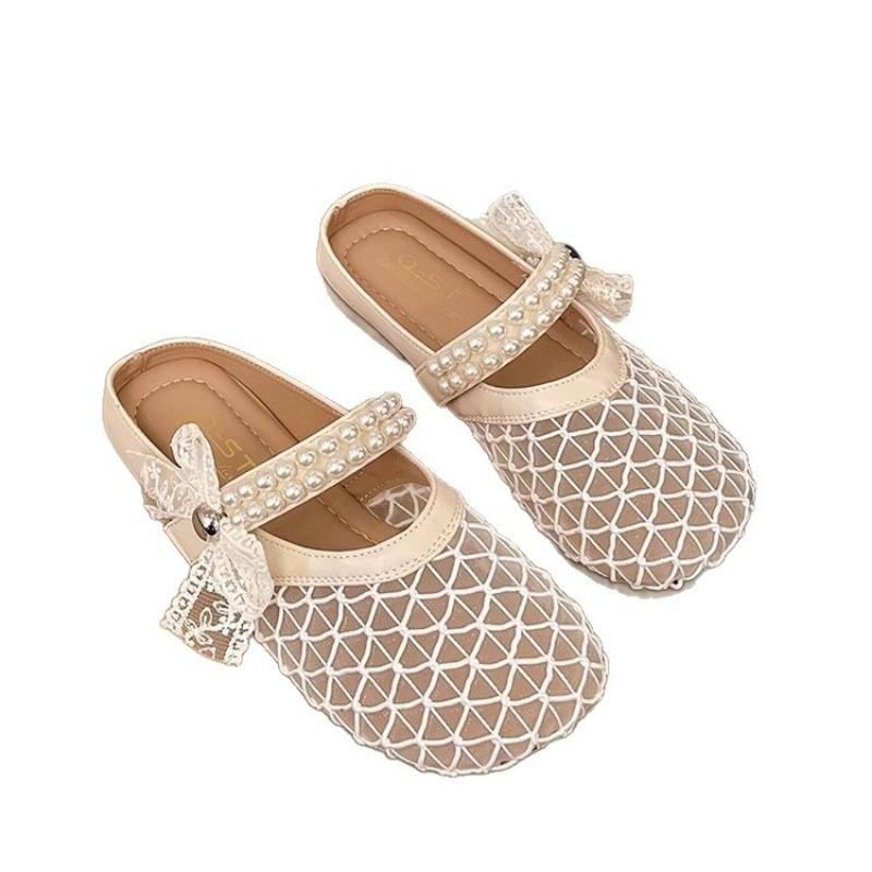 Bow pearl mesh yarn half drag women's summer new models with skirts flat women's shoes lazy one pedal sandals