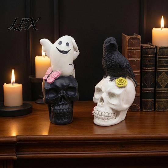 Artistic Home Ornament Gothic Halloween Skull Figurine, Spooky Ghost/Raven On Statue, Atmosphere Props Resin Tabletop for Desk, Mantel, Shelf