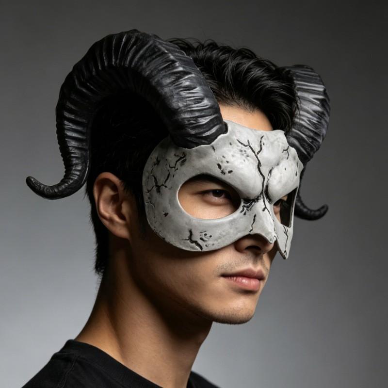 Halloween Goat Horn Half Face Mask With Distressed Crack Effect Costume Party Cosplay