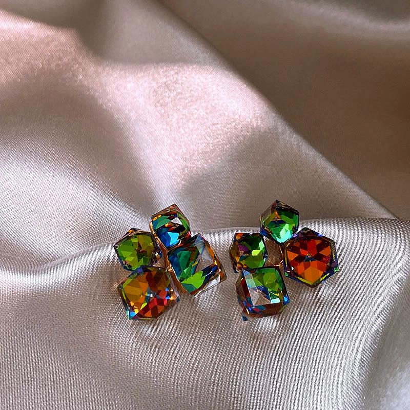 Elegant Dreamy Crystal Cube Earrings: S925 Silver, Aurora Super Flash, Luxury Temperament Studs for Women.