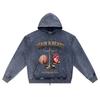 DTG print Knitted Denim Zip-Up Hoodie Brain & Heart Brother Print Zipper Hoodies  