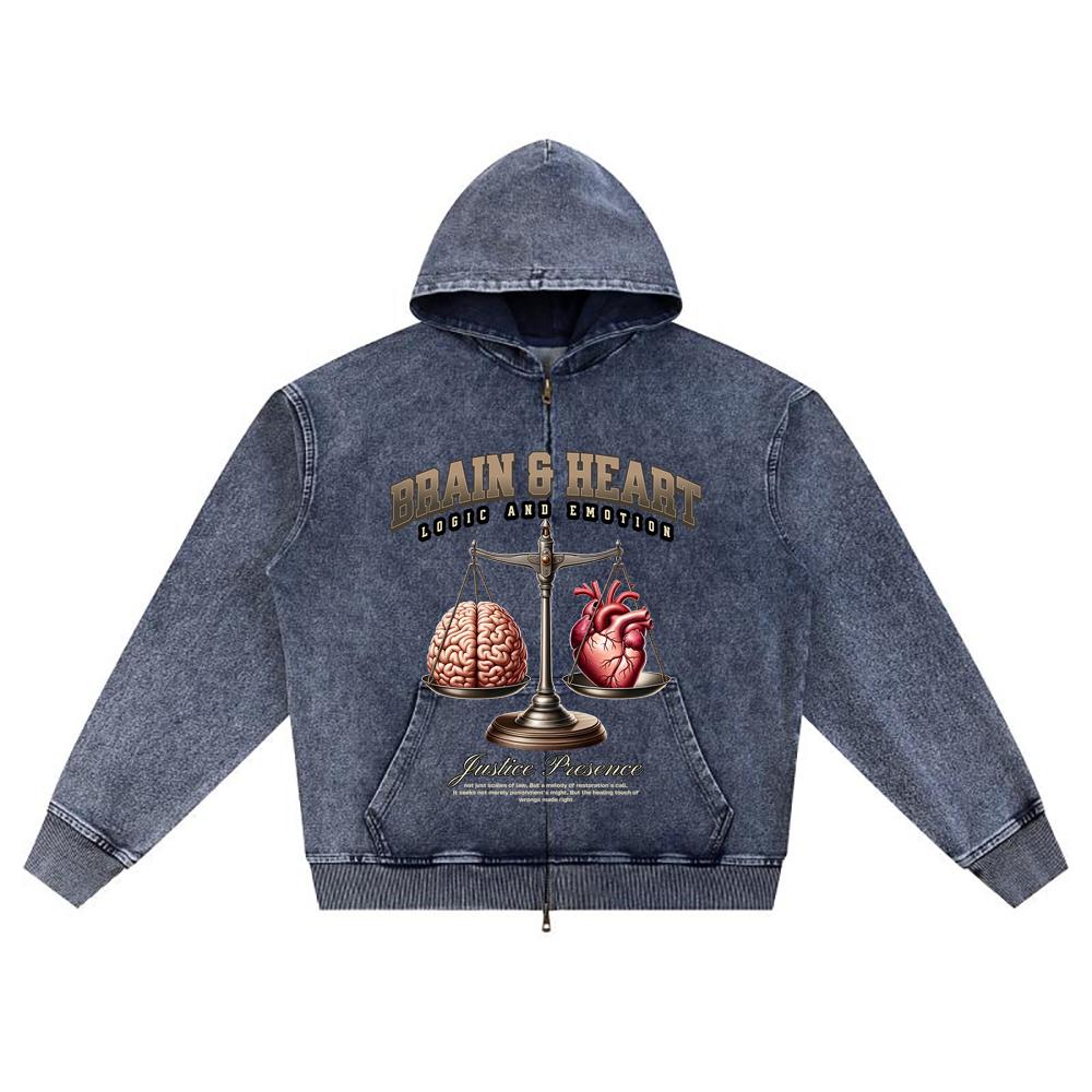 DTG print Knitted Denim Zip-Up Hoodie Brain & Heart Brother Print Zipper Hoodies