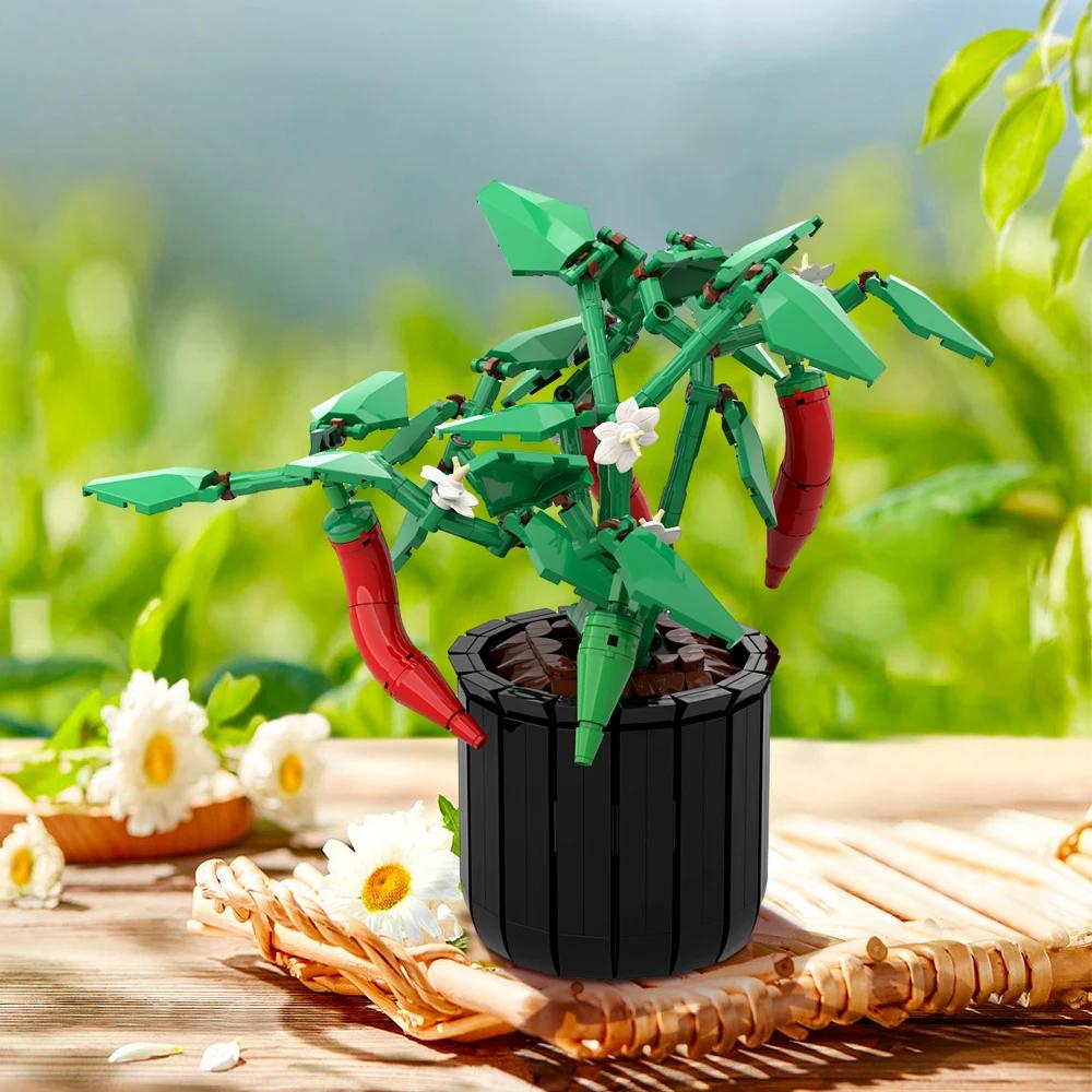 Gobricks MOC Chili Plant Bricks Chili Planting DIY Plants Bonsai Flowers Fruit Chili Building Blocks Decoration Toys Gift