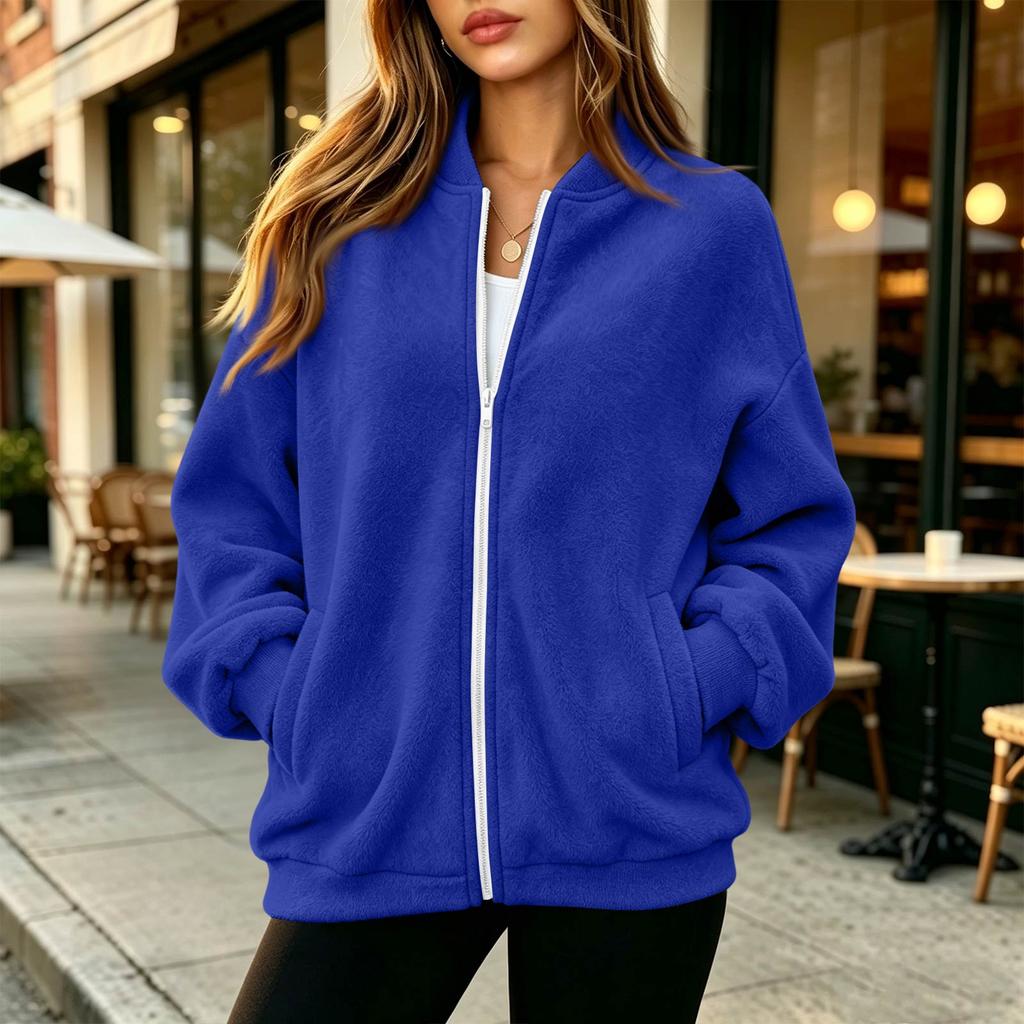 Giacca da donna a maniche lunghe con colletto da baseball e zip, vestibilità larga, Colore