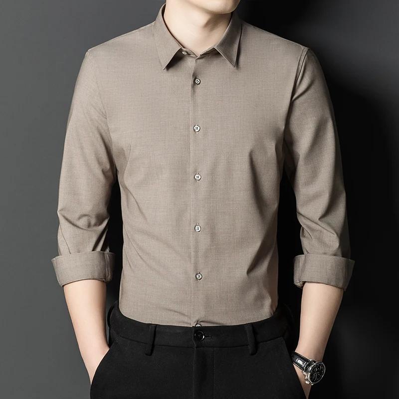 Bamboo Fiber solid color elastic long-sleeve shirts for men slim fit formal plain shirt england style white shirt office clothes