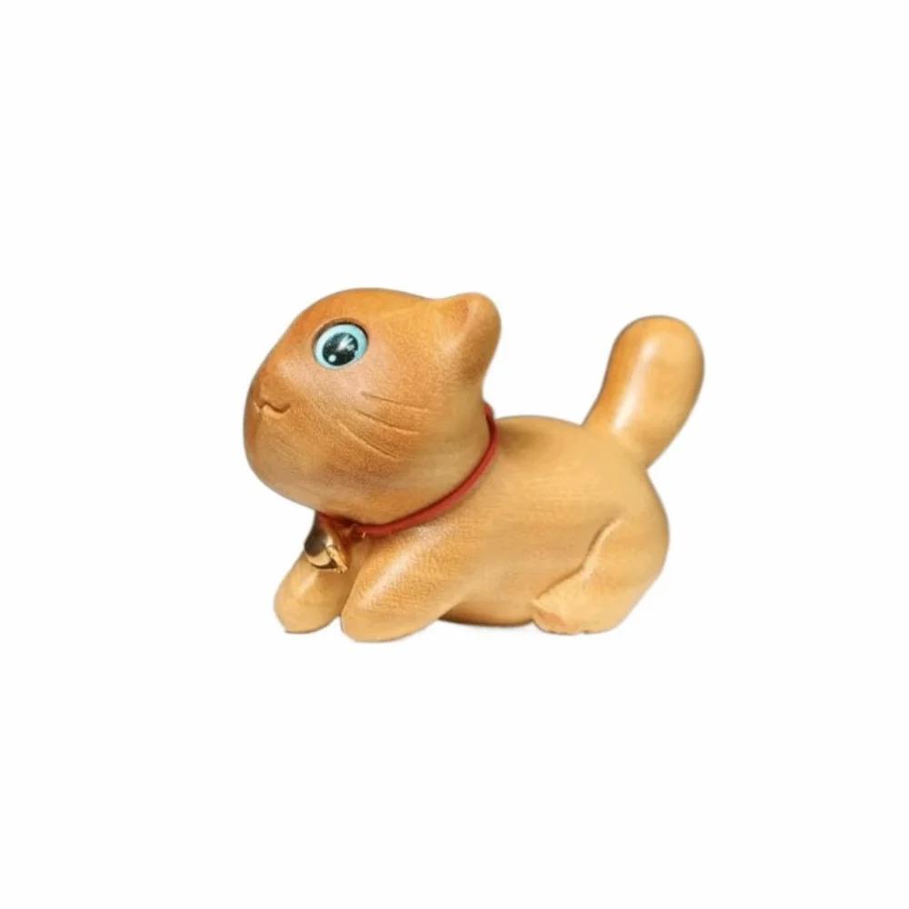 Pet Ornaments Miniature Wood Cat Statue Cute Handmade Carving Animal Statue Cartoon Natural Cat Figurine Desktop