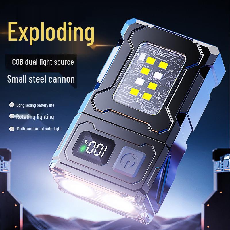 Portable Multi-Functional Rechargeable Flashlight with Rotating Head, Side Light, Red/Blue Burst Flash, and Magnetic Base for Outdoor Use.