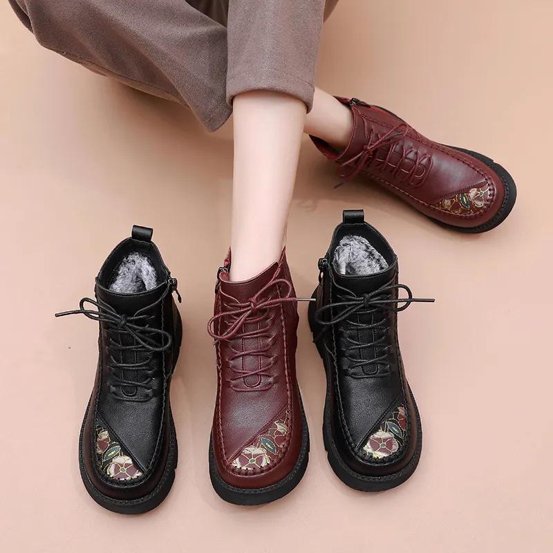 Fashion Winter Women Leather Ankle Boots Female Non-slip Warm Snow Boots Mother Waterproof Flat Heels Booties Free Shipping