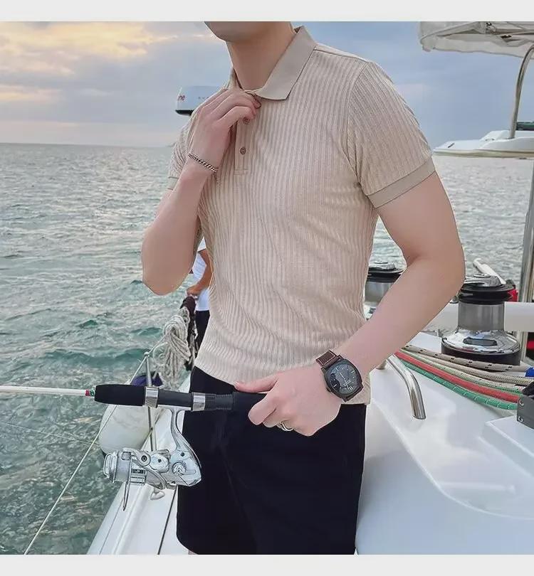 2024 Summer Striped Ice Silk Short-Sleeve Polo for Men - Breathable & Versatile