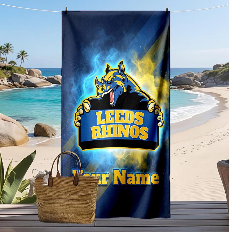 Asciugamano da Spiaggia Personalizzato Leeds Rhinos, Stampa il Tuo Nome Testo Asciugamano Leggero Assorbente per Nuoto Viaggio