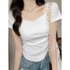 Apricot V-neck Clavicle Right Shoulder Short-sleeved Summer New Style Waist Slimming Hot Girl T-shirt Female Hem Curved Pure Desire Top