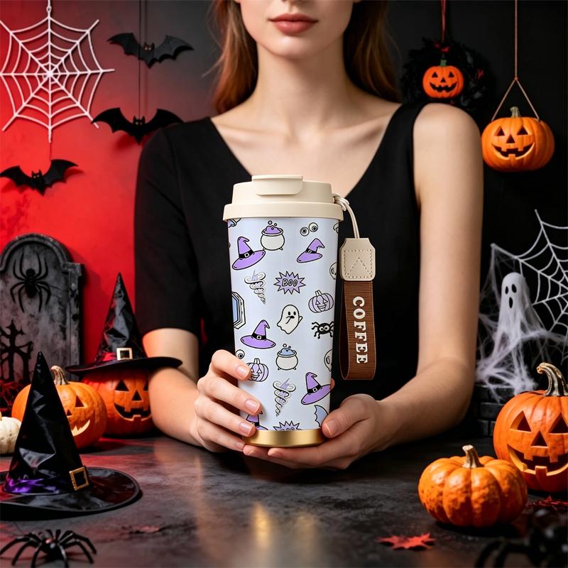 532ml Coffee Cup Halloween Ghost Hat Pumpkin Skull Web Cauldron MotifFlip Lid Coffee Cup Car Portable Cup Outdoor Water Cup