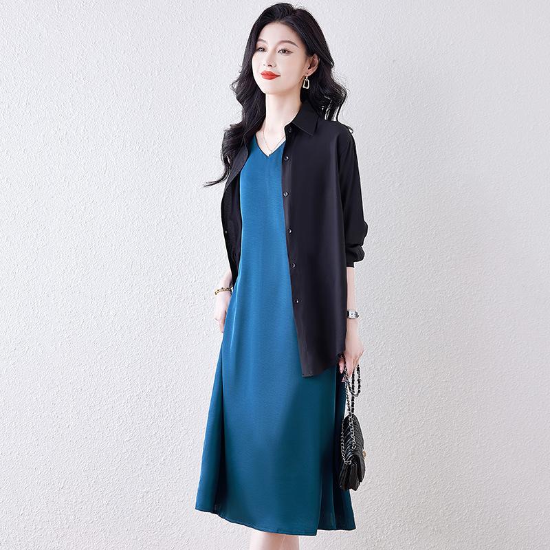 Satin V-neck Suspender Dress Women's Spring and Summer Sleeveless Solid Color Vest Long Dress Small Black Dress