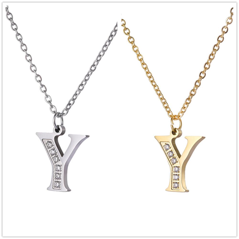 Women Clear Zircon 26 Letters Pendant Necklace Stainless Steel Gold A-Z Alphabet Choker Initial Necklaces Jewelry