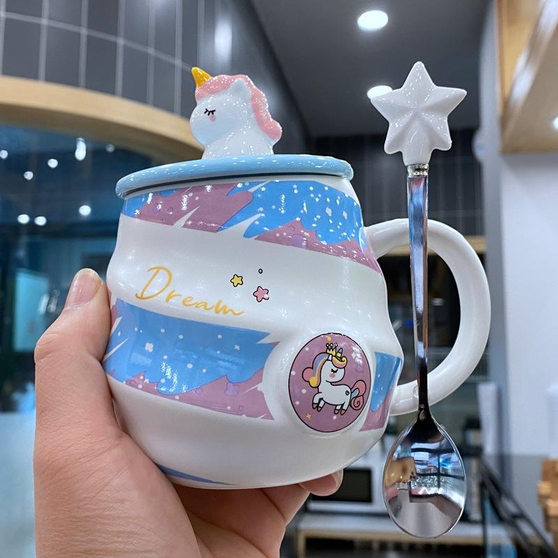 

Кружка-единорог Радужная кружка Кофейная кружка с крышкой и ложкой Милая девичья кружка для питья дома Керамическая кружка 401-500ml