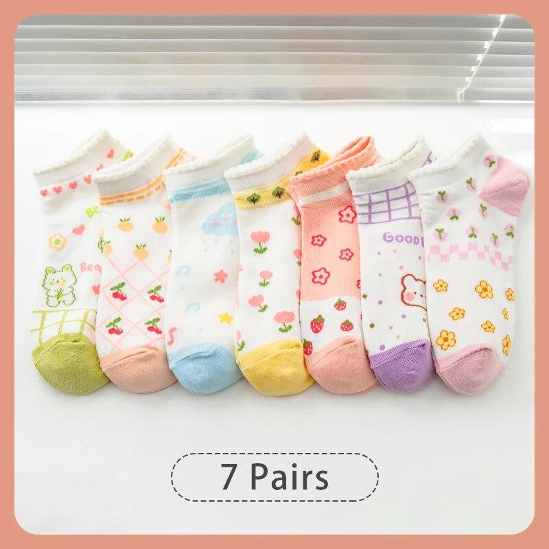 

7 пар женских весенне-летних всесезонных носков с цветочным, клубничным, вишневым и мультяшным медвежонком, милые, сладкие и удобные All yards