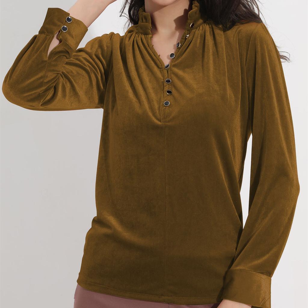 GMXIA Women's Fashion Casual Summer Solid Color Print Long Sleeve V-Neck Blouses & Shirts