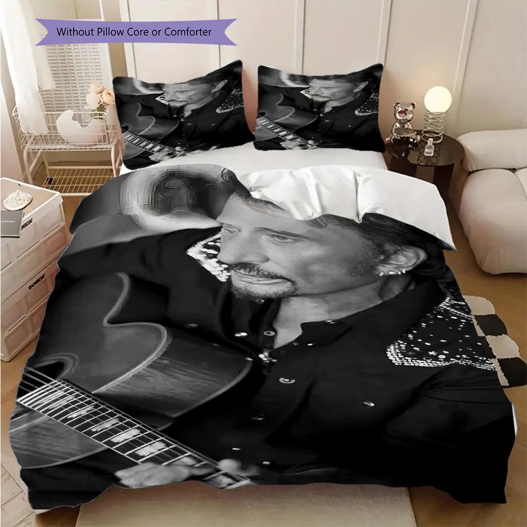 Black and white retro Johnny Hallyday bedding, duvet cover, pillowcase, home decoration, birthday gift (1 * duvet cover+2 * pillowcase, coreless)