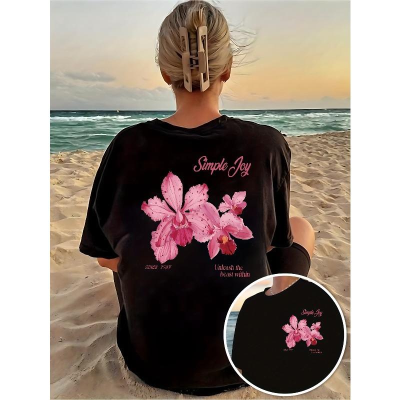 Женская футболка Цветочный магазин Розовая с принтом орхидеи Дизайн спереди и сзади Круглый вырез Короткий рукав Классический удобный крой Повседневный топ S