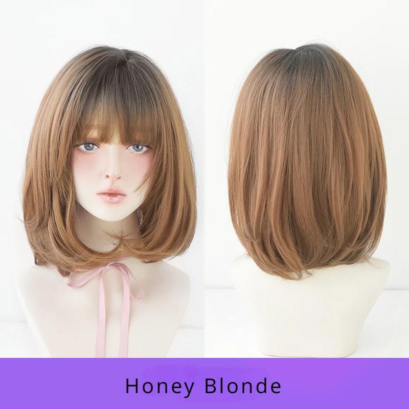 7jhh Wigs Short Straight Chocolate Bob Wig For Women Daily High Density Synthetic Layered Brown Hair Wigs With Neat Bangs