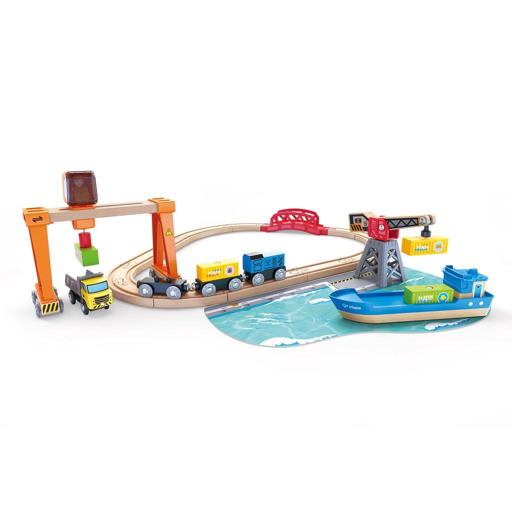 Hape Harbor Work Rail X X 69 Ages 3 and Wooden Pretend Play E3791 Set, 68.4 17.9 Cm, Up, Toy,