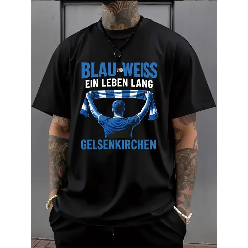 European Size Men's Gelpenkingen Football Fan T-Shirt - Breathable Team Logo Print Round Neck Tee with Iconic Logo & Suitable for Matches, Training