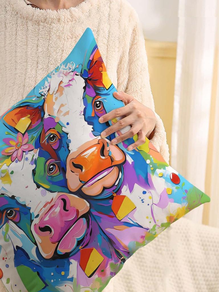 Colorful Cow Print Throw Pillow Cover, Cushion Case For Sofa Bedroom Living Room Couch Bed Office Chair Home Decor