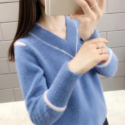 Nachahmung Nerz Samt V-ausschnitt Pullover frauen Frühling und Herbst Lose Kurze Pullover Gestrickte Bottoming Shirt Oberbekleidung All-match Pullover