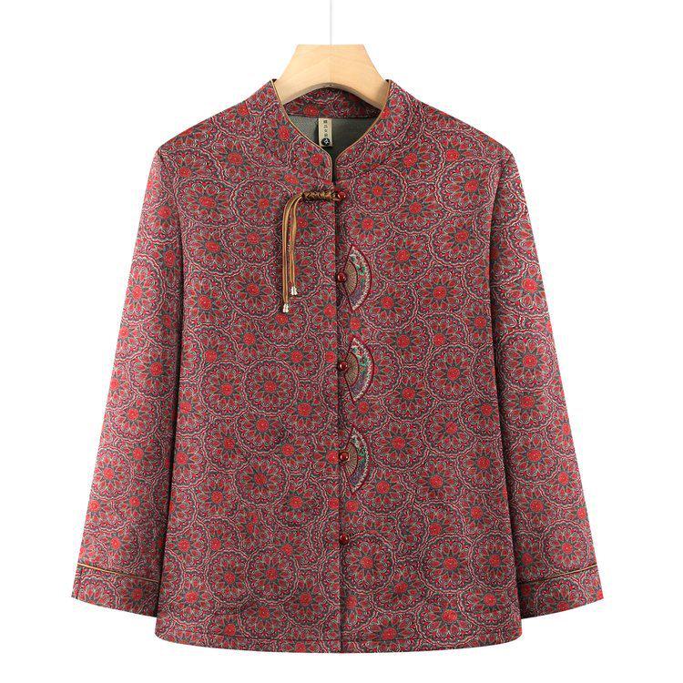 

Women s Plus Size Lightweight Printed Cotton Jacket for Seniors, Stand Collar, Long Sleeve, Suitable for Spring/Autumn Wear. 5XL (72-80 kg) красный