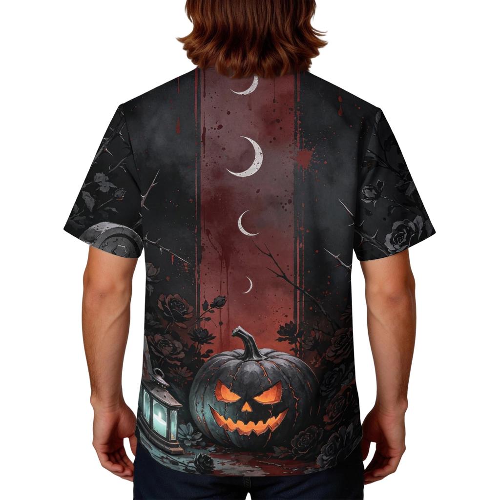 Men's Halloween Print Scrub Top Short Sleeve for Work Uniform